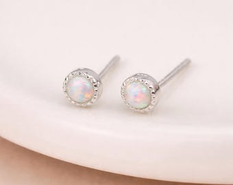 Hammered Sterling Silver Opal Micro Stud Earrings – 4mm