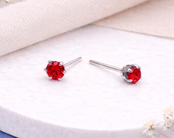 Sterling Silver Red Ruby Micro Stud Earrings – 3mm