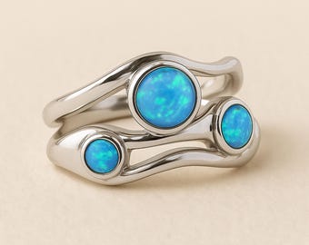 Molten Sterling Silver Blue Opal Trio Ring