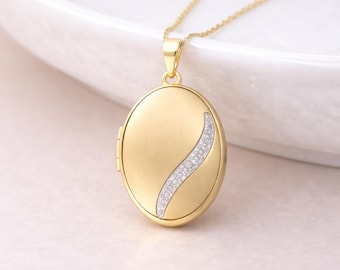 Personalised Large Solid 9ct Yellow Gold Diamond Oval Locket With Photos