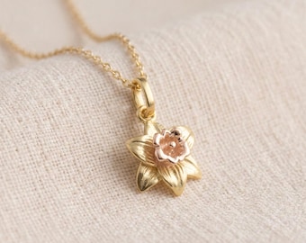 Personalised March Daffodil Birth Flower Pendant Necklace In Gold Plated Sterling Silver