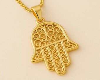Personalised Solid 9ct Gold Filigree Hamsa Hand Of Fatima Necklace