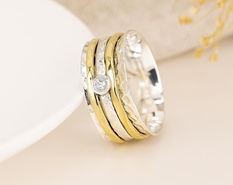 Wide Sterling Silver Cubic Zirconia Spinner Ring