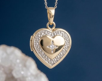Personalised Heart Photo Locket Necklace In Solid 9ct Gold with Diamond