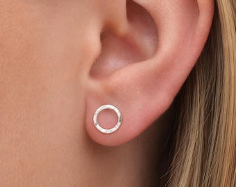 Large Sterling Silver Hammered Karma Circle Stud Earrings
