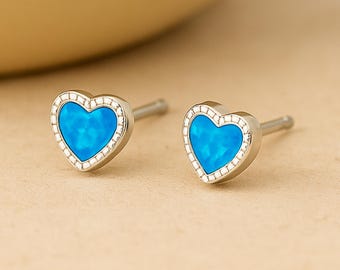 Sterling Silver Blue Opal Heart Stud Earrings