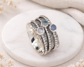Personalised Sterling Silver Labradorite And Moonstone Spinner Ring