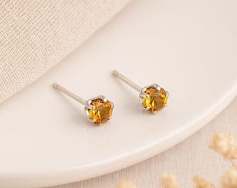 Citrine CZ Stud Earrings • Sterling Silver November Birthstone • Tiny Orange Studs • Micro Earrings • Gift for Her • Minimal Sparkle Jewelry