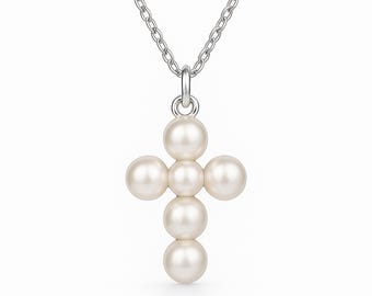 Personalised Sterling Silver White Pearl Cross Necklace