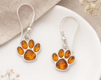 Sterling Silver Baltic Amber Paw Print Earrings