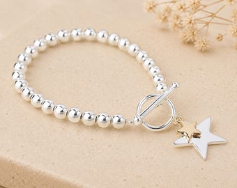 Sterling Silver and Gold Plated Bead Bracelet With Star Charms