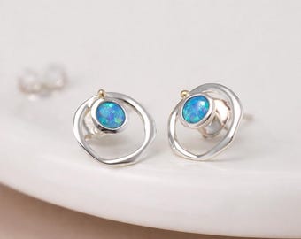 Molten Sterling Silver Opal Karma Halo Stud Earrings