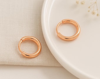 Rose Gold Huggie Hoop Earrings • 10mm 18ct Rose Gold-Plated Sterling Silver Sleeper Hoops • Everyday Stacking Hoops • Gift for Her •
