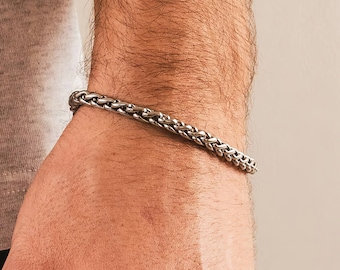 Mens Oxidised Sterling Silver Wheat Chain Bracelet