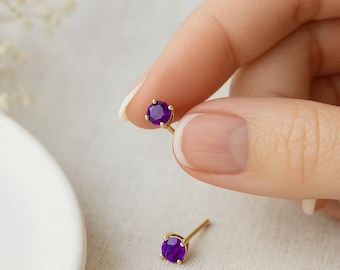 9ct Gold Amethyst Stud Earrings: February Birthstone, 4mm