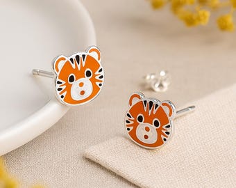 Girls Sterling Silver Tiger Stud Earrings