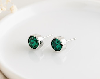 Emerald CZ Stud Earrings • May Birthstone Gift • Sterling Silver Green Studs • 7mm Gemstone Earrings • Gift for Her •
