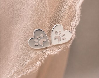 Sterling Silver Paw Print Heart Stud Earrings