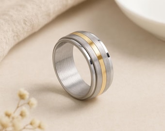 Personalised Silver Stainless Steel Spinner Ring with Gold - 7mm