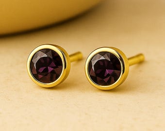 Gold Plated Sterling Silver February Amethyst Birthstone Stud Earrings