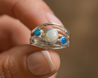 Molten Sterling Silver Blue and White Opal Trio Ring