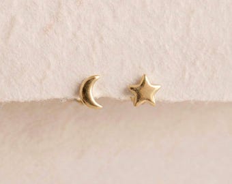 Personalised Moon and Star Mismatched Stud Earrings in Gold Plated Sterling Silver