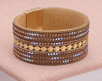 Gold Plated Iridescent Aurora Borealis Crystal Wide Cuff Bracelet