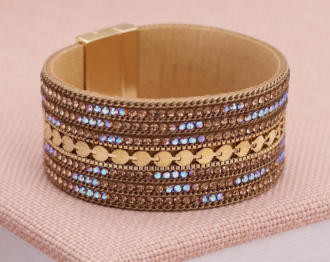 Featured listing image: Gold Plated Iridescent Aurora Borealis Crystal Wide Cuff Bracelet