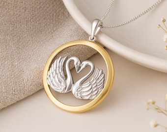 Swan Couple Pendant • Sterling Silver and Gold-Plated Necklace • Symbol of Love, Unity & Devotion • Elegant Anniversary Gift