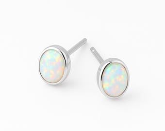 Oval Sterling Silver White Opal Stud Earrings – 6mm X 4mm