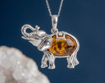 Personalised Baltic Amber Elephant Pendant Necklace in Sterling Silver