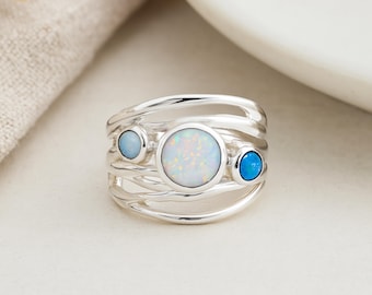 Triple Opal Molten Ring • Organic Sterling Silver Statement Ring • White & Blue Opals • October Birthstone Gift •