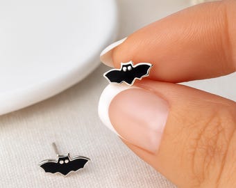 Sterling Silver Bat Stud Earrings: Gothic Halloween Gift – 8mm x 4mm