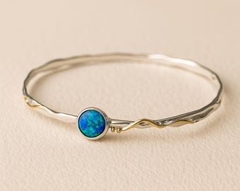 Molten Sterling Silver Round Blue Opal Bangle