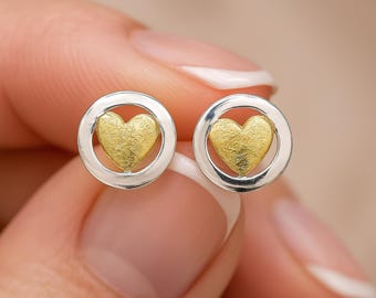 Sterling Silver Halo Stud Earrings With Golden Hearts