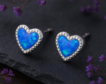 Sterling Silver Blue Opal Heart Stud Earrings