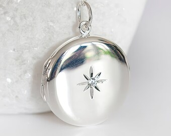 Personalised Large Sterling Silver Round Star Locket
