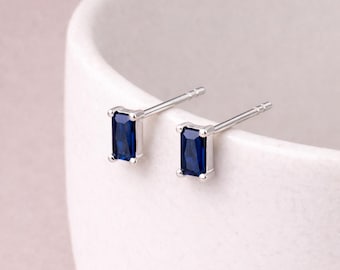 Sterling Silver Sapphire Baguette Stud Earrings – 6mm x 4mm