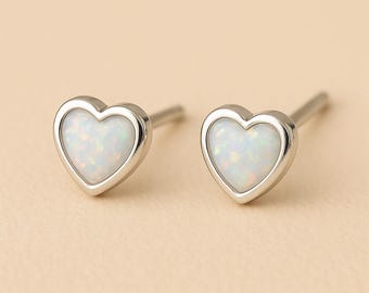 Sterling Silver White Opal Heart Stud Earrings