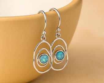 Molten Sterling Silver Spiral Blue Opal Drop Earrings