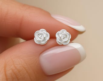 Rose Stud Earrings • Sterling Silver June Birth Flower • 6mm Dainty Floral Studs • Gift for Her • Satin Finish Jewellery •
