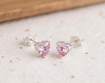 Personalised Pink Cubic Zirconia Heart Stud Earrings In Sterling Silver