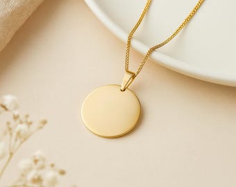 Solid Gold Disc Pendant • 9ct Yellow Gold Round Engraved Charm  • Custom Handwriting or Fingerprint • Minimalist Necklace • Gift for Her