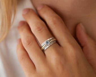 Personalised Sterling Silver & Brass Sky Blue Topaz Spinner Ring – 8mm