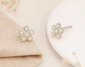 Pearl Flower Stud Earrings • Sterling Silver Faux Pearl Studs • Dainty Gift for Her • Bridesmaid Jewellery • Vintage-Inspired Studs •