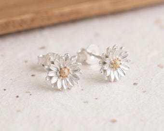 September Aster Birth Flower Stud Earrings In Sterling Silver and Gold