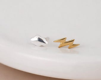 Mismatched Sterling Silver And Gold Lightning And Cloud Stud Earrings – 10mm X 6mm