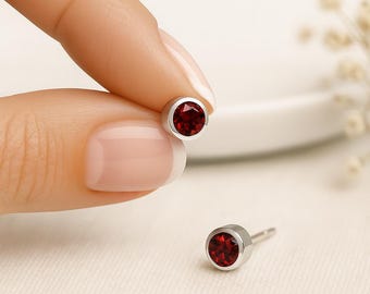Sterling Silver Garnet Stud Earrings: January Birthstone Gift, 7mm