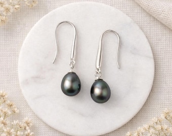 Sterling Silver Black Freshwater Pearl Drop Earrings – 8mm