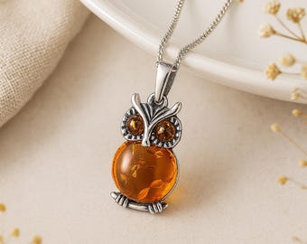 Personalised Sterling Silver Baltic Amber Owl Necklace